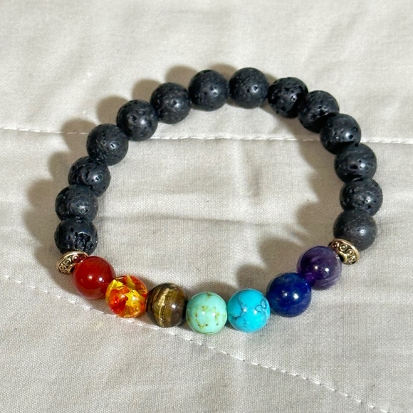 Multicolor 7 stone chakra stretchy bracelet w/black lava stones - Picture 2 of 16